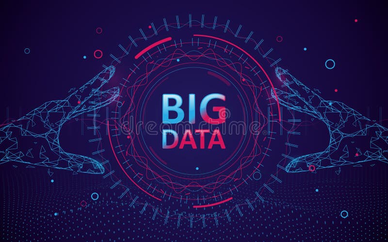 Abstract bigdata coding science background. Circle geometric particle. Hands touching big data stream futuristic infographic. Coding mesh vectors