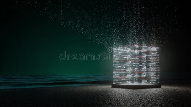 Abstract animation of a digital cube made of binary code processing data on a dark shoreline at night, representing concepts like big data, cloud computing, cryptocurrency, and blockchain. Code programming video