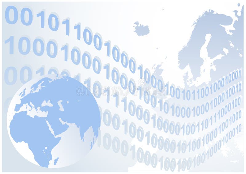 Abstract binary code waves with globe background stock illustration