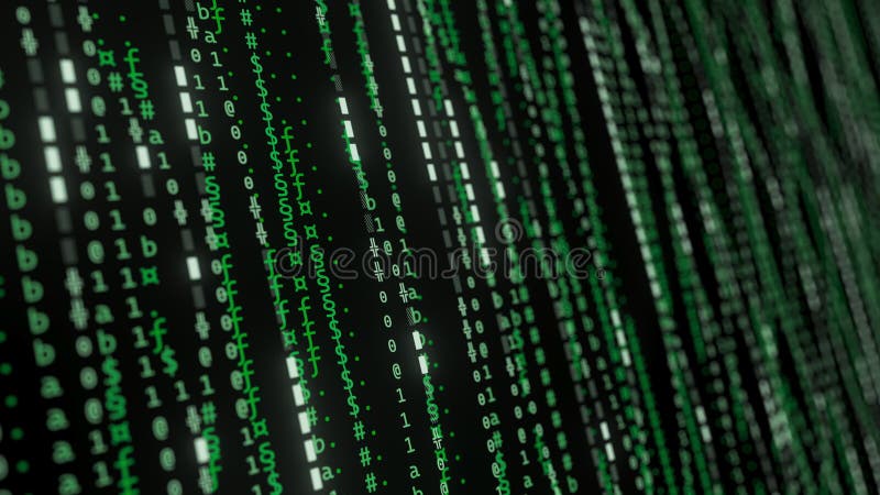 Abstract binary green symbols flowing screen. Streams of computer code. Software blockchain database big data flow. Data matrix motion loop. Computer matrix video