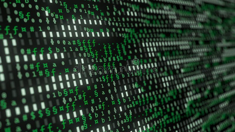 Abstract binary green symbols flowing screen. Streams of computer code. Software blockchain database big data flow. Data matrix motion loop. Computer matrix video