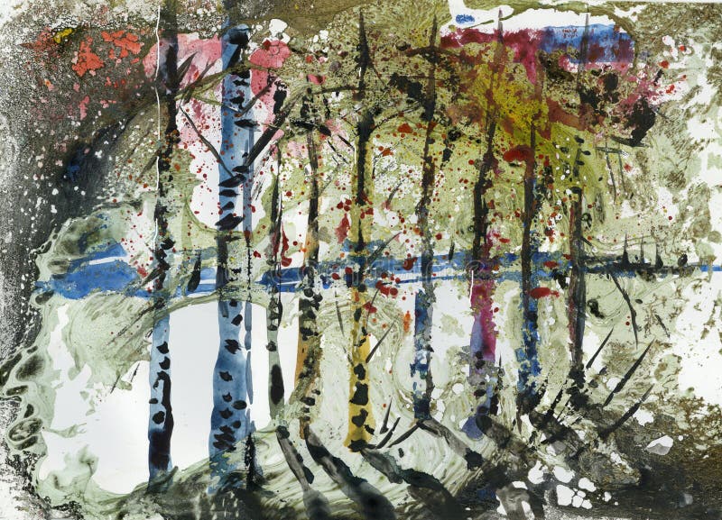 Abstract birch forest. Watercolor drawing for design