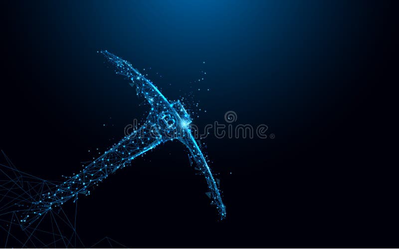 Abstract Bitcoin mining concept with pickaxe and coin form lines and triangles, point connecting network on blue background stock illustration Abstract Bitcoin mining concept with pickaxe and coin form lines and triangles, point connecting network on blue background stock illustration