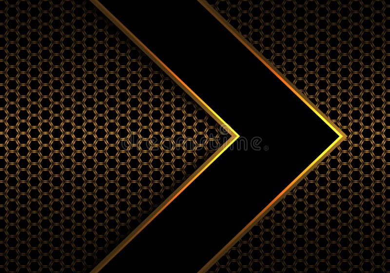 Abstract black arrow gold line direction on metal hexagon mesh pattern design modern futuristic background vector