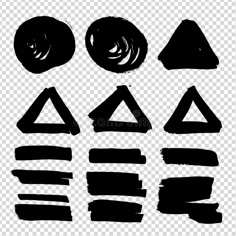 Abstract black circle, triangle and smooth textured smears on imitation transparent background stock illustration