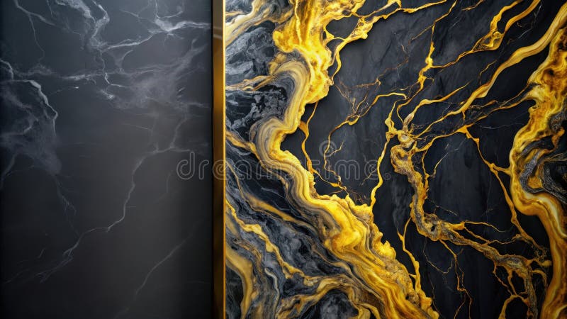 Abstract black and gold swirl marble texture with a dark gray border. Generative AI royalty free illustration