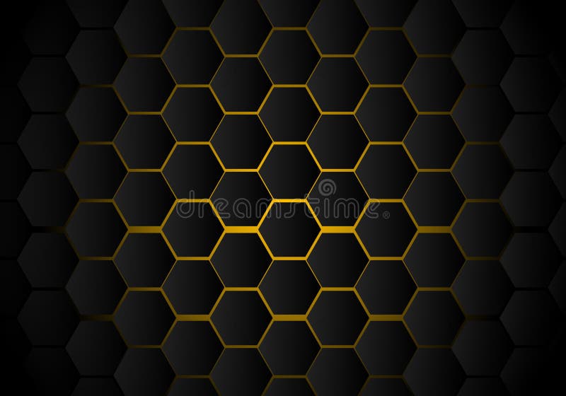 Abstract black hexagon pattern on yellow neon background technology style. Honeycomb