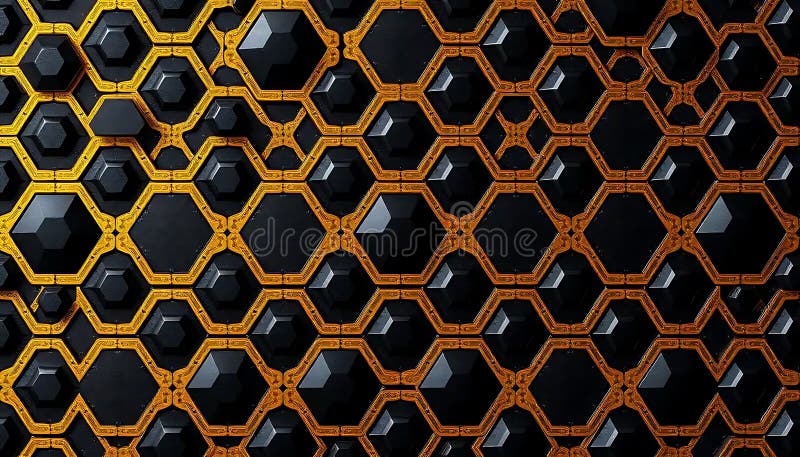 Abstract Black Hexagonal Pattern Gold Frame Design. A repeating pattern of black hexagonal shapes framed in gold creating an abstract geometric design