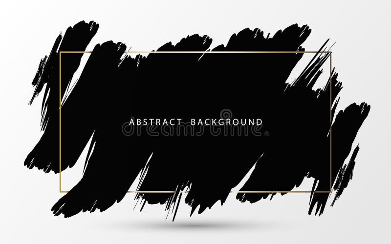 Abstract black ink brush stroke with gold frame on white background. Vector illustration