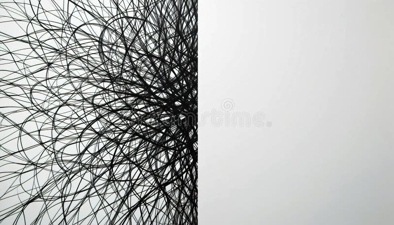 Abstract black lines forming a sphere on the left side against a white background space royalty free illustration