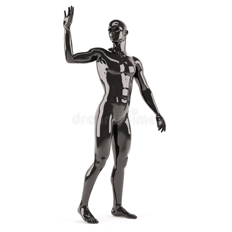 Abstract black plastic human body mannequin over white background. Greeting standing pose