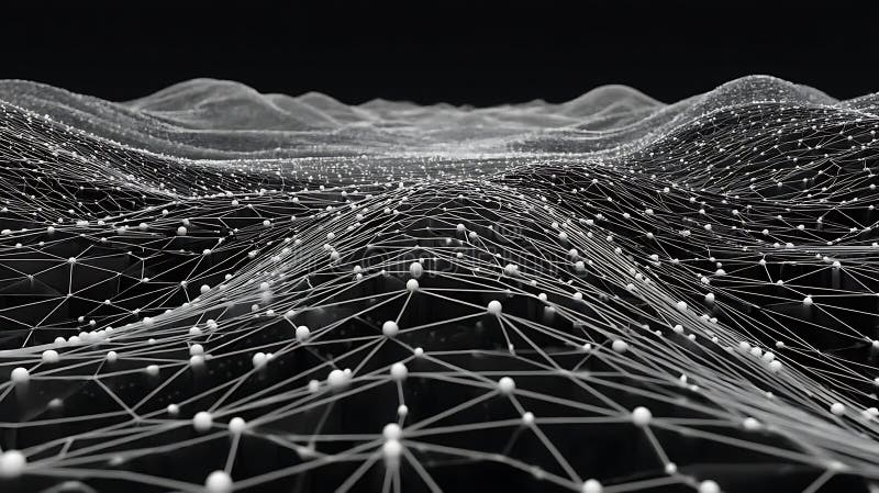 Abstract Black And White 3D Network Visualization Showing Interconnected Nodes And Lines Forming A Hilly Landscape vector illustration