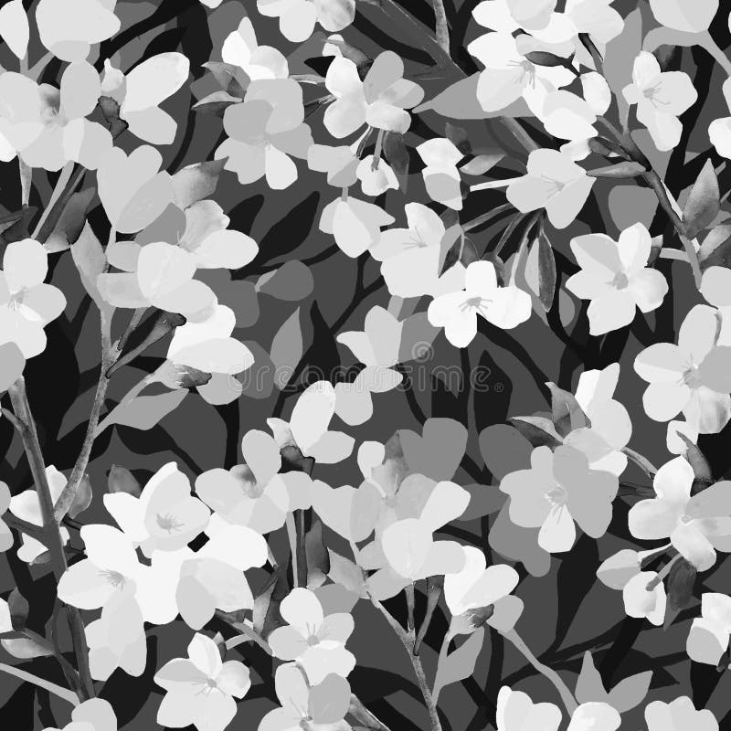 Abstract Black and White Seamless Pattern of Spring Flowers and Leaves
