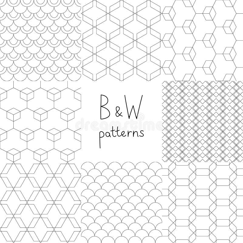 Abstract black and white simple geometric seamless patterns set, vector royalty free illustration