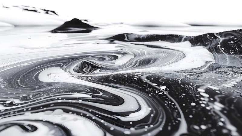 Abstract black and white swirls with fluid textures contrasts glossy reflection ilustração stock
