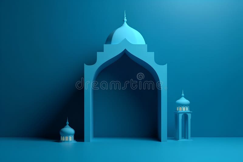 Abstract Blue Background with Mosque and Minarets, 3d Render Stock