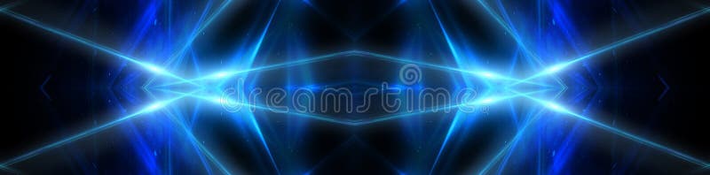 Abstract blue background with neon rays, flashes of light, faces, lines.