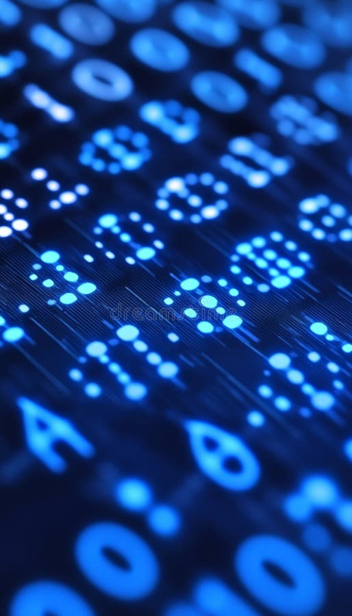 Abstract Blue Binary Code Data Flow, Digital Technology Background. 0, 1 Numbers Stream. stock illustration