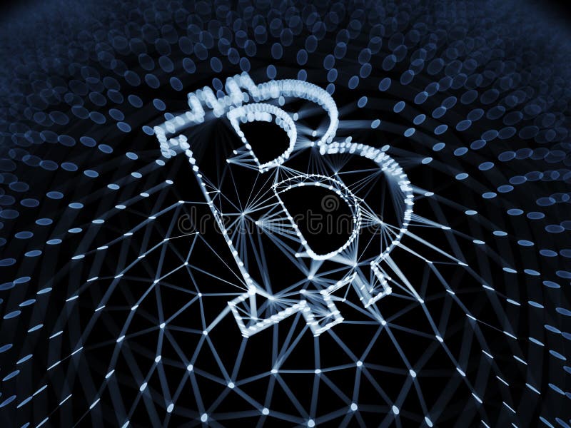 Abstract Blue Bitcoin Sign Built as an Array of Transactions in Blockchain Conceptual 3d Illustration royalty free stock image Abstract Blue Bitcoin Sign Built as an Array of Transactions in Blockchain Conceptual 3d Illustration royalty free stock image