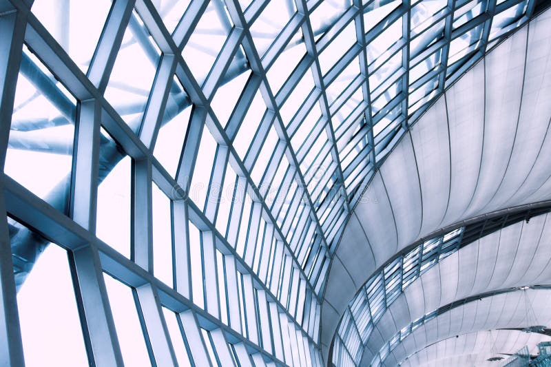 Abstract blue ceiling interior background, left composition