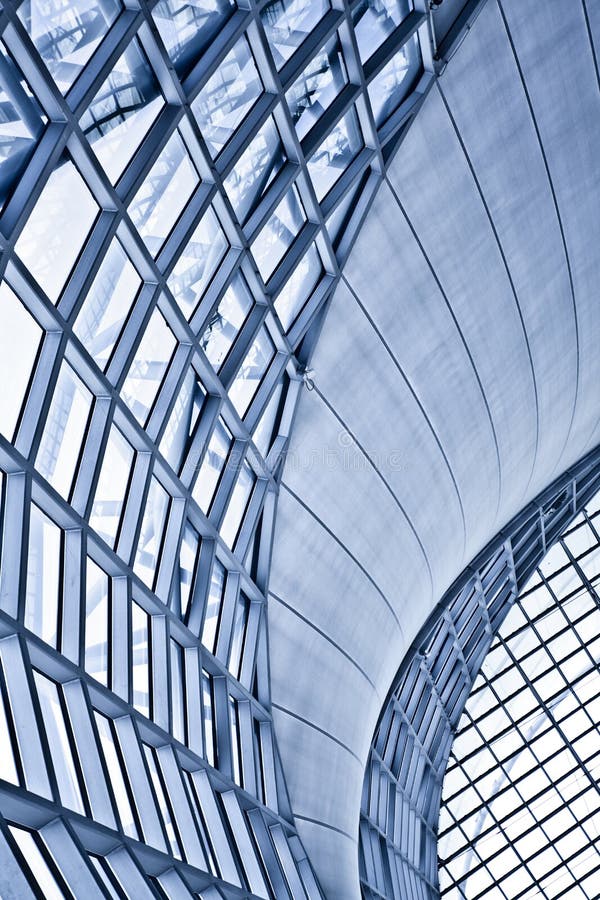 Abstract blue ceiling interior background, left horizontal composition