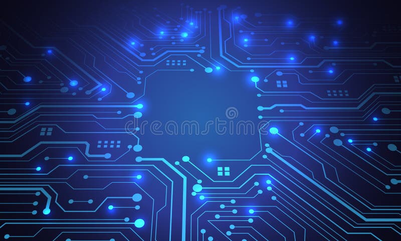 Abstract blue circuit board technology connected lines electronics elements computer motherboard chip processor semiconductor vector illustration
