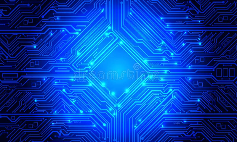 Abstract blue circuit board technology connected lines electronics elements computer motherboard chip processor semiconductor royalty free illustration