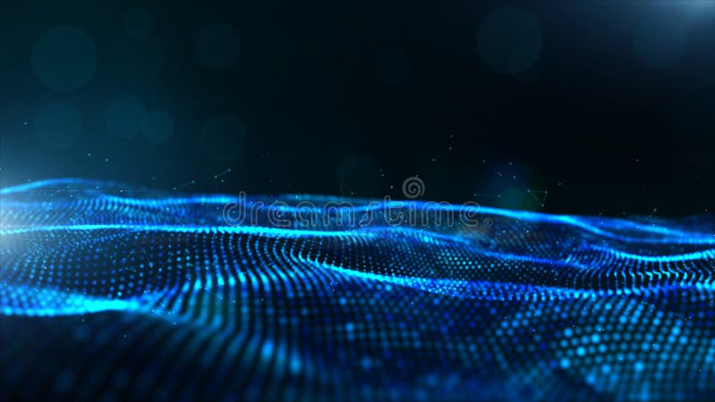 Abstract blue color digital particles wave with bokeh and light background stock illustration