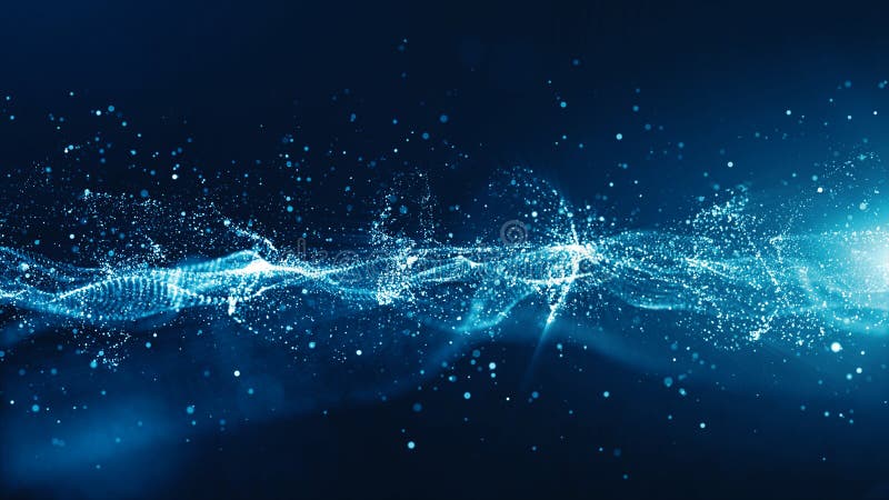 Abstract blue color digital particles wave with bokeh and light background royalty free illustration