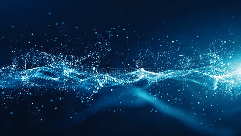 Abstract blue color digital particles wave with bokeh and light background stock illustration