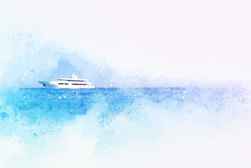 Abstract blue color shape on speed boat in the ocean on watercolor illustration painting