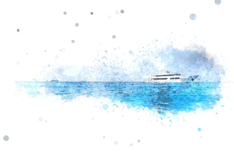 Abstract blue color shape on speed boat in the ocean on watercolor illustration painting.