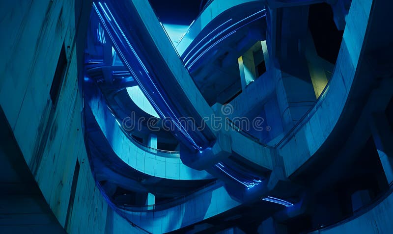 Abstract Blue Concrete Structure with Illuminated Pathways stock illustration