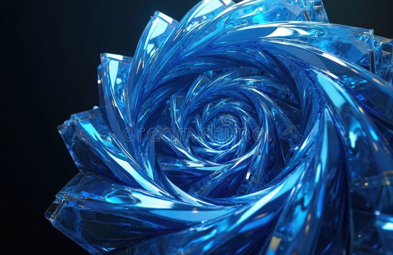 Abstract blue crystal swirl on dark background. Geometric design features light, shine, glow. Modern tech art, digital render.