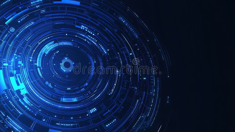Fundal digital albastru abstract cu tipare circulare și linii strălucitoare stock illustration