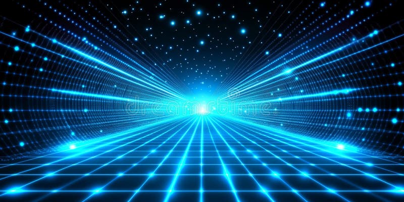 Abstract Blue Digital Grid Neon Light Tunnel Background art dark rays dots lines space style scene stock illustration
