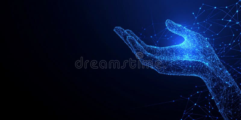 Abstract Blue Digital Hand Reaching Out Network Connection web art data dots mesh tech cyber lines vector illustration