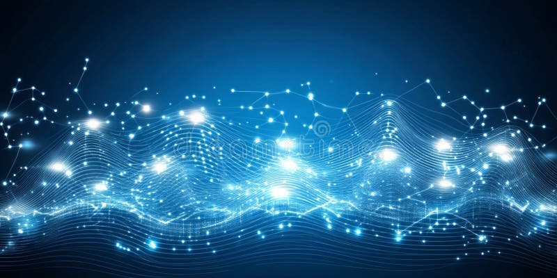 Abstract Blue Digital Wave Network Technology Background Design web data dots mesh grid light lines royalty free illustration