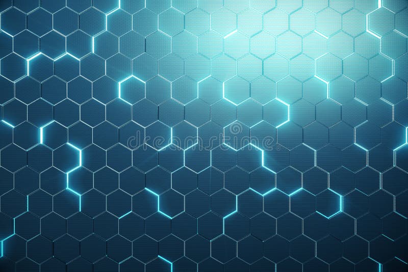 Abstract blue of futuristic surface hexagon pattern with light rays. 3D Rendering royalty free illustration Abstract blue of futuristic surface hexagon pattern with light rays. 3D Rendering royalty free illustration