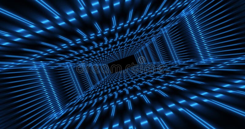 Abstract blue futuristic tunnel square rectangular grid of glowing neon lines vector illustration