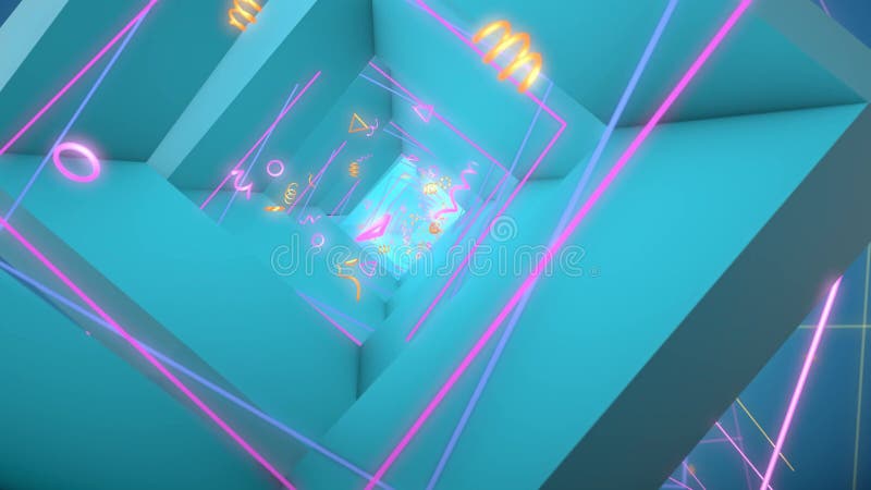 Abstract Blue Geometric Tunnel with Neon Lines vector illustration