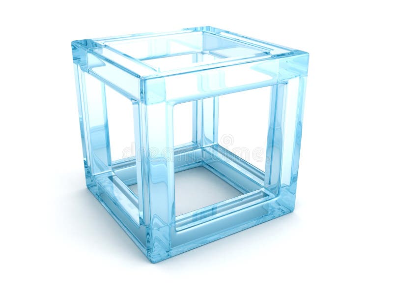 Abstract blue glass 3d cube with shadow.