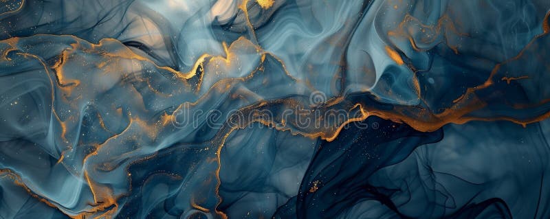 Abstract blue and gold fluid art pattern. AI generated