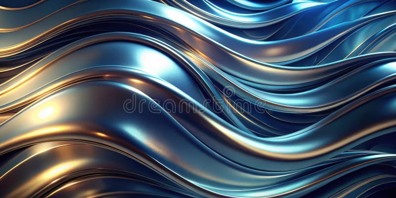 Abstract blue and gold metallic wave pattern background. Generative AI vector illustration