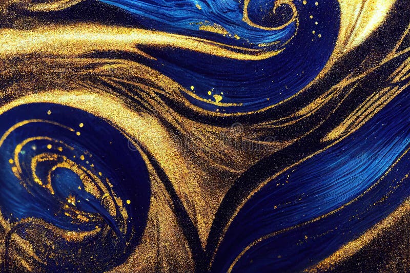 Abstract Blue and Gold Powder Waves Luxury Background. Stock