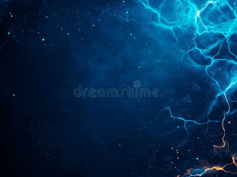 Abstract blue grunge background texture with gradient, featuring electric blue and orange lightning effects. This evokes sense of royalty free illustration