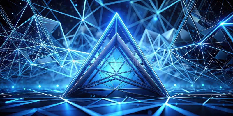 Abstract blue illuminated geometric pyramid structure in a network of lines and points. Generative AI royalty free illustration