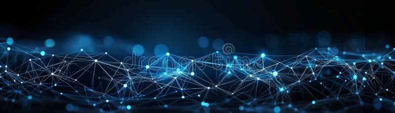 Abstract Blue Network Connection - Digital Art - Glowing Lines and Dots on Dark Background stock illustration