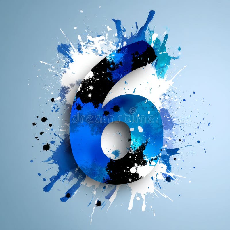 Abstract blue number six with paint splashes on light background royalty free stock image