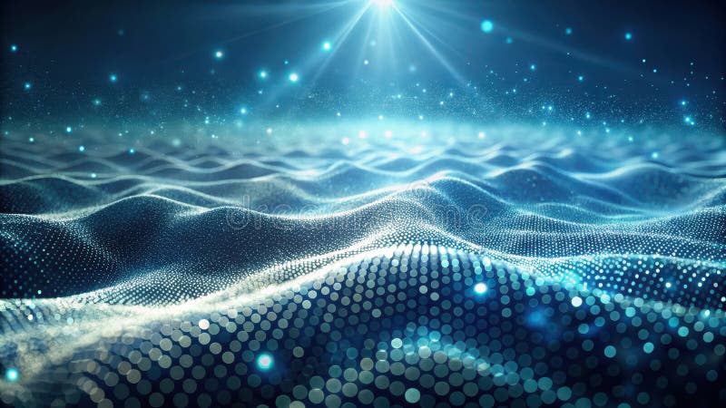 Abstract blue particle wave background with glowing lights. Generative AI stock illustration